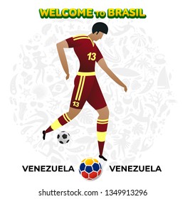 Vector illustration football player of Venezuela in the background of a pattern of Brazilian national symbols, animals and tropical plants. Championship Conmeball Copa America 2019 in Brazil. 