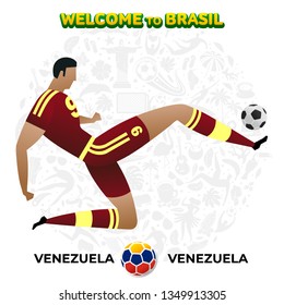 Vector illustration football player of Venezuela in the background of a pattern of Brazilian national symbols, animals and tropical plants. Championship Conmeball Copa America 2019 in Brazil. 