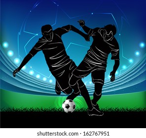 Vector illustration of football players struggling for ball - silhouette over football stadium background.