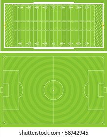 Vector illustration of Football (Soccer) and American Football fields. Accurately proportioned.