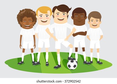 Vector illustration Football or soccer team on the field with ball