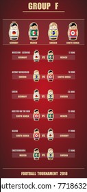 Vector illustration. Football / soccer tournament. Group stage of the championship, group F . Nesting dolls. Place and date of matches