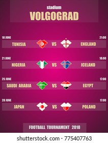 Vector illustration. Football / soccer tournament 2018. Stadium VOLGOGRAD. Teams and date of matches. Sports T-shirt flags