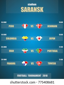 Vector illustration. Football / soccer tournament 2018. Stadium SARANSK. Teams and date of matches. Sports T-shirt flags