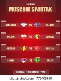 Vector illustration. Football / soccer tournament 2018. Stadium MOSCOW "SPARTAK". Teams and date of matches. Sports T-shirt flags