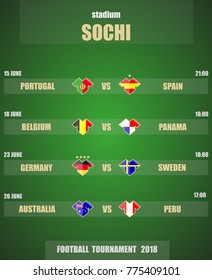 Vector illustration. Football / soccer tournament 2018. Stadium SOCHI. Teams and date of matches. Sports T-shirt flags