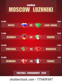 Vector illustration. Football / soccer tournament 2018. Stadium MOSCOW "LUZHNIKI". Teams and date of matches. Sports T-shirt flags