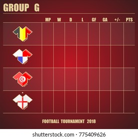 Vector illustration. Football / soccer tournament. Group stage of the championship, group G table of results. Sports T-shirt