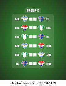 Vector illustration. Football / soccer tournament. Group stage of the championship, group D table of results. Sports T-shirt