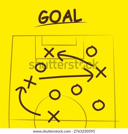 Vector illustration of a football strategy with player icons and arrows explaining tactics and team movement. Football field plans with strategic markings.
