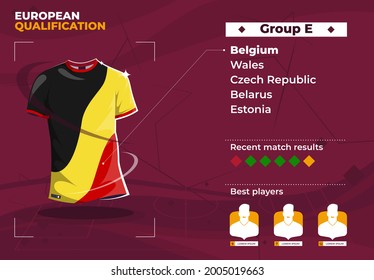 vector illustration of a football T-shirt in the colors of the flag of Belgium, group E of the European qualification for the international football tournament.