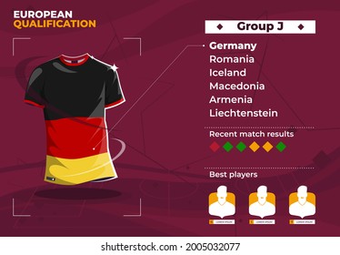 vector illustration of a football T-shirt in the colors of the flag of Germany, group J of the European qualification for the international football tournament.
