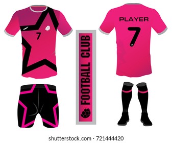 Vector Illustration Of Football T-shirt Template. Soccer Kit Or Football Jersey Template For Football Club. Front And Back View Soccer Uniform. Football Apparel Mock Up. Pink Black Uniform Soccer