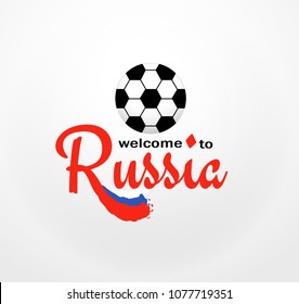 vector illustration football. Welcome to Russia logo with Russian flag and soccer ball