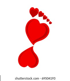 Vector illustration of a footprint made with hearts.