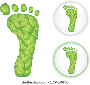 A vector illustration of a footprint shape made of green leaves with two button icons, to present an eco-friendly carbon footprint