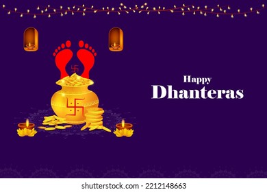 vector illustration of footprints of Goddess Lakshmi for Happy Dhanteras Diwali festival holiday celebration of India greeting background