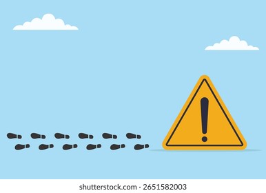 Ilustração vetorial das pegadas afastando-se de um sinal de aviso, simbolizando cautela, evitando o perigo e fazendo escolhas seguras para prevenir riscos e perigos
