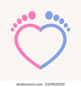 Vector illustration of footprints of a newborn boy and girl in the shape of a heart on a transparent background.