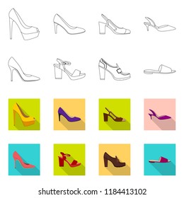 Vector illustration of footwear and woman logo. Collection of footwear and foot stock symbol for web.