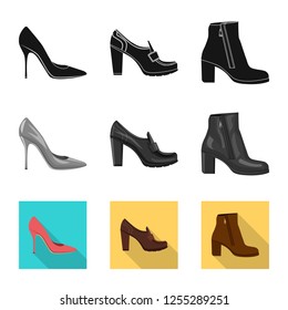 Vector illustration of footwear and woman logo. Collection of footwear and foot stock symbol for web.