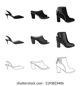 Vector illustration of footwear and woman sign. Collection of footwear and foot stock symbol for web.