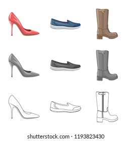 Vector illustration of footwear and woman sign. Set of footwear and foot stock symbol for web.