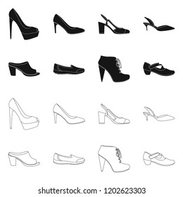 Vector illustration of footwear and woman sign. Set of footwear and foot stock vector illustration.