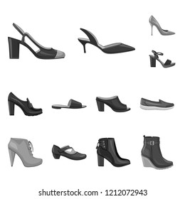 Vector illustration of footwear and woman sign. Collection of footwear and foot stock symbol for web.
