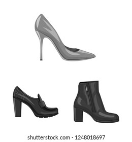 Vector illustration of footwear and woman sign. Set of footwear and foot stock vector illustration.