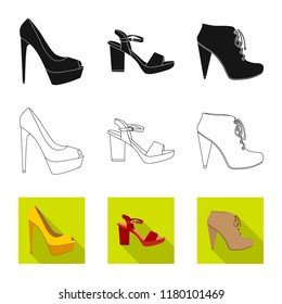 Vector illustration of footwear and woman symbol. Collection of footwear and foot stock vector illustration.