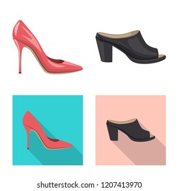 Vector illustration of footwear and woman symbol. Collection of footwear and foot stock vector illustration.