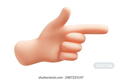 Vektorillustration der Vorderfinger-Punkt-Geste Männerhand auf weißem Farbhintergrund. 3D-Stil-Design von Man White Skin Hand Point Geste nach rechts für Web, Banner, Poster, Druck