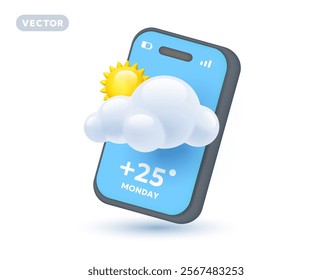 Vector illustration of forecast weather for smart phone with partly cloudy day of shine yellow color sun with fluffy cloud and temperature on white background. 3d cartoon style design of weather app