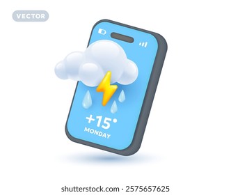 Vector illustration of forecast weather for smart phone with storm day of thunderstorm cloud with lightning and rain. 3d cartoon style design of weather app of lightning with cloud and temperature