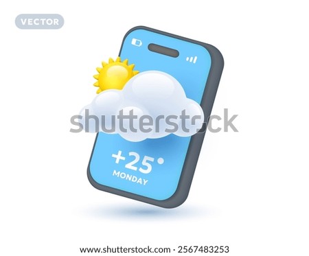 Vector illustration of forecast weather for smart phone with partly cloudy day of shine yellow color sun with fluffy cloud and temperature on white background. 3d cartoon style design of weather app