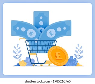 vector illustration of foreign banknote currency enter shopping cart. euros not bought. Vector illustration set isolated on white background and can used for landing page, website, poster, mobile apps