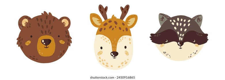 Ilustración vectorial con animales del bosque. Oso, ciervo, mapache. Conjunto de animales en estilo de dibujos animados sobre un fondo blanco.