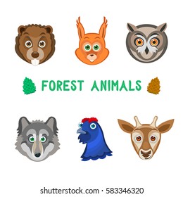 Vector illustration of forest animals: beaver, squirrel, owl, wolf, blackcock, deer. Isolated on transparent background