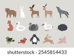 Vector illustration forest animals. Cute animal elements isolated on white background. Bear, hare, elk, deer, wolf, hedgehog, cormorant, fox, bird