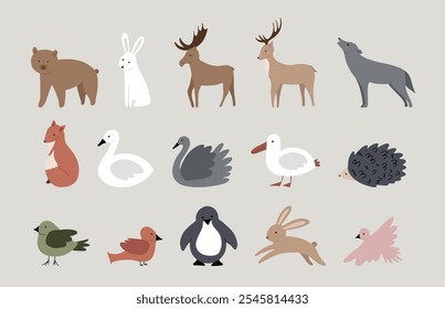 Ilustração vetorial de animais da floresta. Elementos animais bonitos isolados sobre fundo branco. Urso, lebre, alce, veado, lobo, ouriço, corvo-marinho, raposa, pássaro