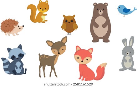 Vector illustration of forest animals. Cute fox, squirrel, raccoon, bear, deer, owl, hare, hedgehog, bird.