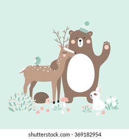 Vector illustration, forest animals, deer, bear, rabbit, hedgehog, bird