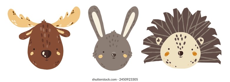 Vector illustration with forest animals. Elk, hare, hedgehog. Set of animals in cartoon style on a white background.