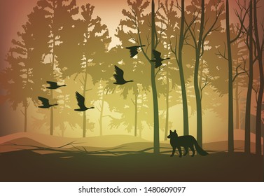Vector illustration of forest animals Fox and duck flying in the forest among the trees
