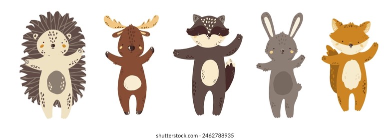 Vector illustration with forest animals. Fox, hare, raccoon, hedgehog, elk. Baby animals. Large set for clipart. Set of animals in cartoon style on a white background.