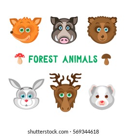 Vector illustration of forest animals: fox, boar, bear, rabbit, moose, weasel. Isolated on transparent background. Can be used for children's T-shirt prints and children's room decoration