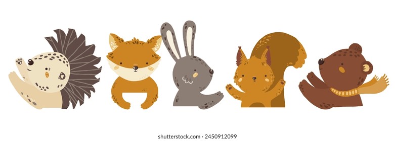 Vektorillustration mit Waldtieren. Igel, Fuchs, Hase, Eichhörnchen, Bär. Set von Tieren im Cartoon-Stil auf einem weißen Hintergrund.