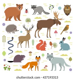Vector illustration of forest animals: moose, deer, bear, hedgehog, rabbit, squirrel, beaver, wolf, fox, raccoon, owl, grass snake, isolated on transparent background.