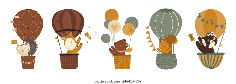 Vector illustration with forest animals on balloons . Squirrel, badger, hedgehog, bear, deer. Baby animals. Large set for clipart. Set of animals in cartoon style on a white background.